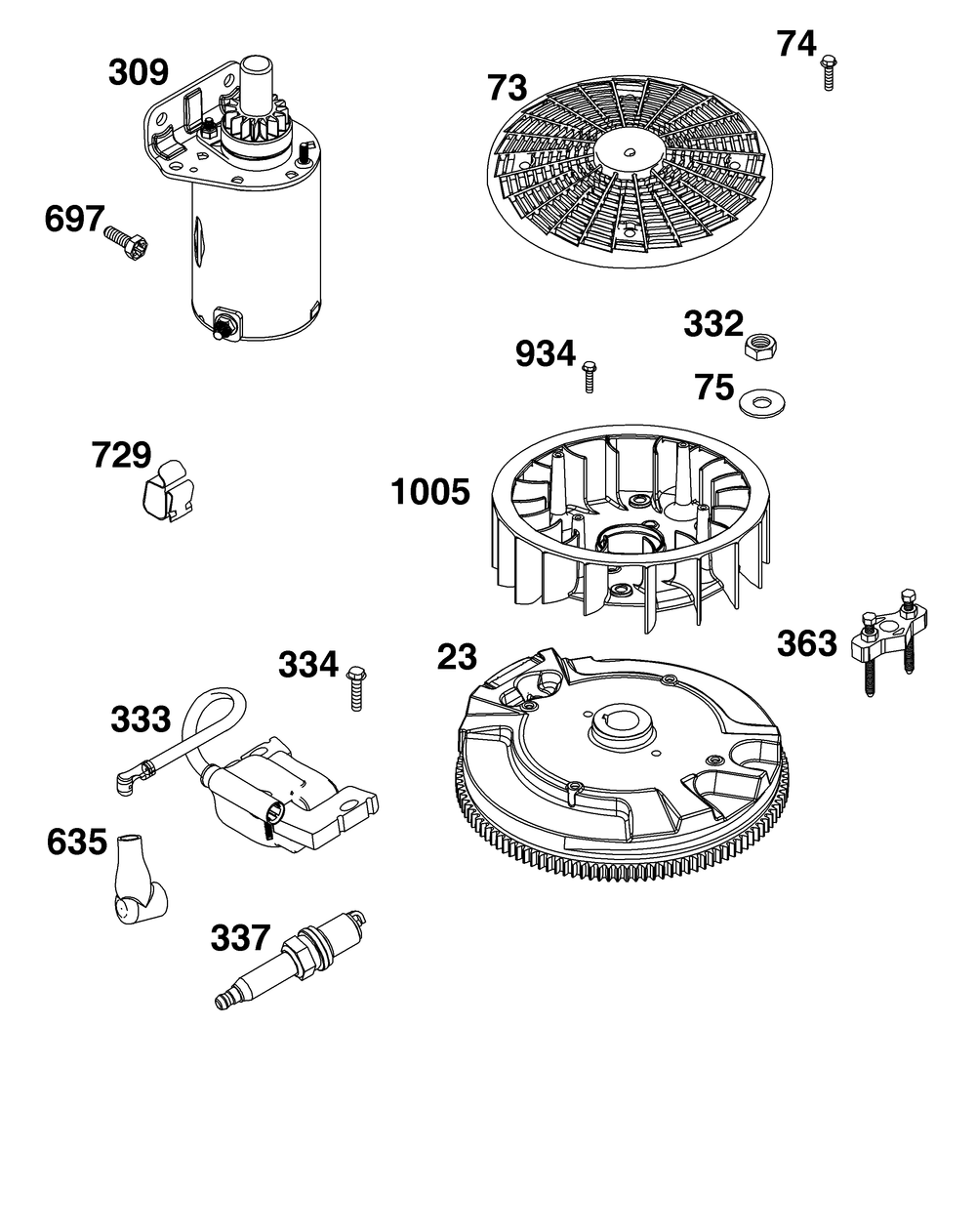 Flywheel, Ignition, And Starter Group Diagram and Parts List for 40R677-0011-B5 400000 - 699999 Briggs and Stratton Engine